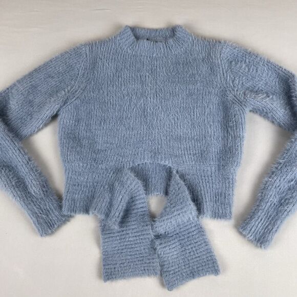 Windsor Cropped Tie Front Mock Neck Sweater Women’s Sm Powder Blue Pastel Cozy - Picture 4 of 16